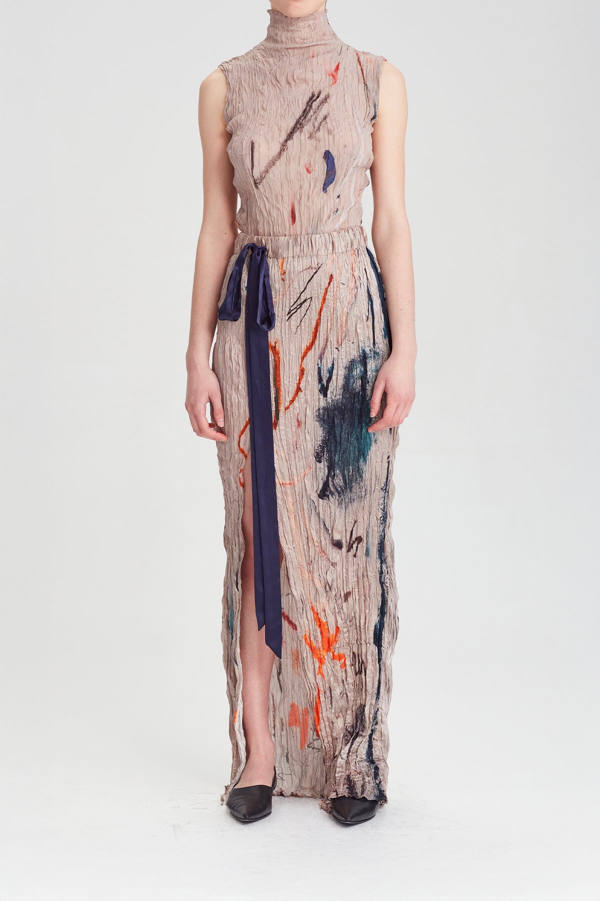 Crushed Silk Column Skirt